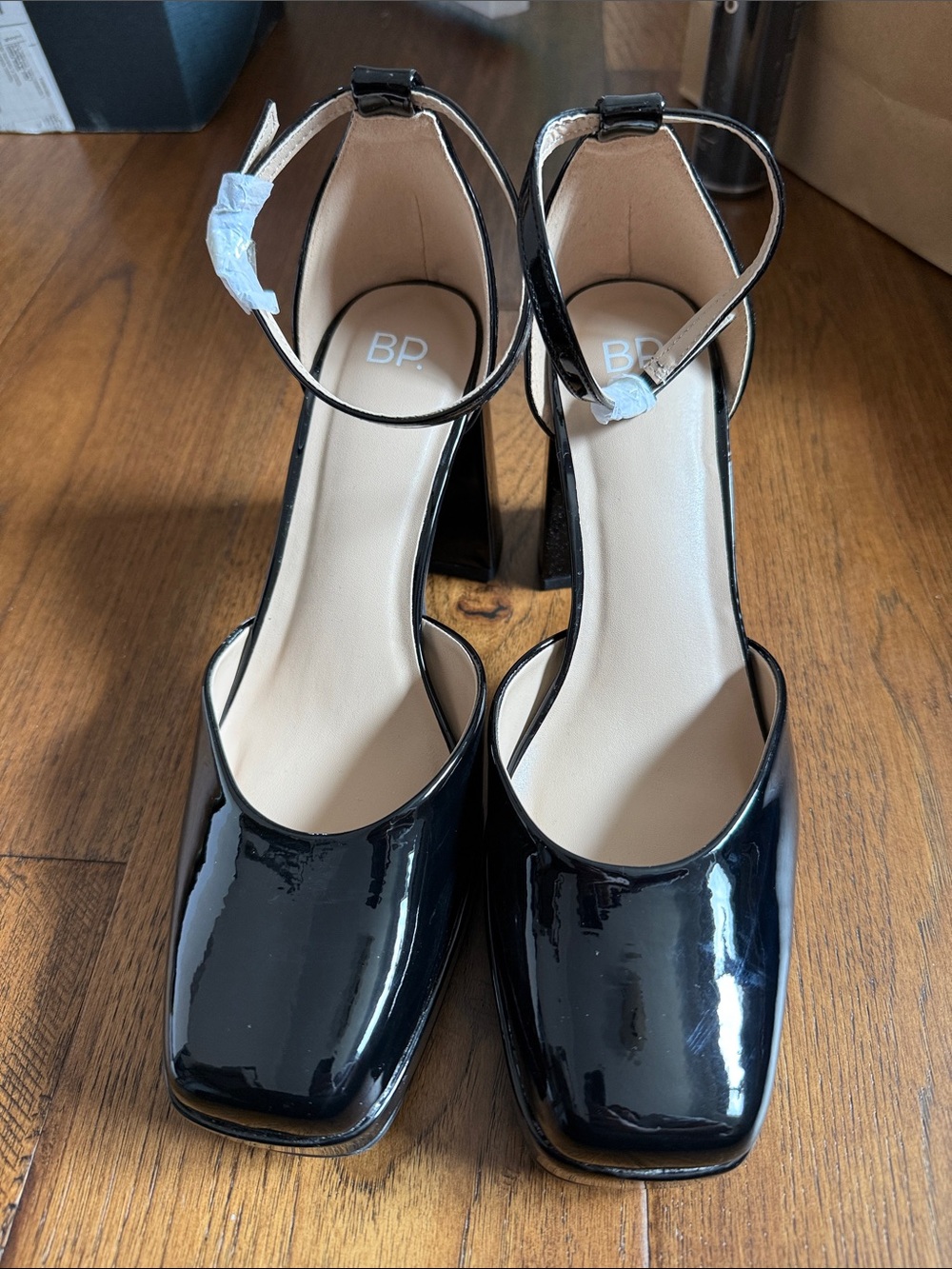 bp brand new Black Patent Ankle-Strap Block Heel Pumps